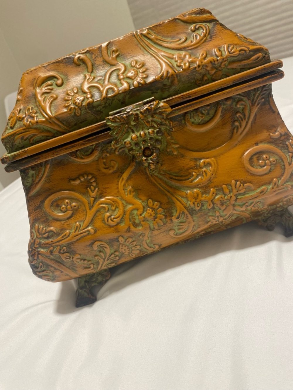 Ornate Decorative Jewelry Box in Antique Gold and Green Patina